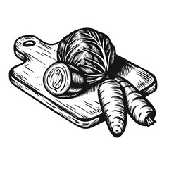 Hand-drawn engraving of vegetables on chopping board, featuring cabbage, carrots, and sliced onion arranged on wooden board.