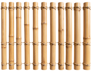 Traditional bamboo fence panels with vertical stalks and natural knots, isolated on transparent background PNG