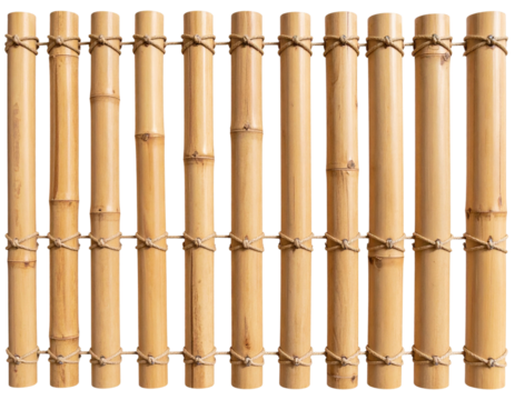 Traditional bamboo fence panels with vertical stalks and natural knots, isolated on transparent background PNG