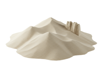 Meticulously arranged finely granulated light-colored sand pile forming intricate miniature dunes and sharp peaks with discernible grains, isolated on a stark white studio background, high-angle UHD