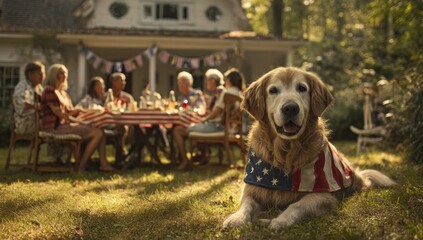 Festive backyard gathering with a dog