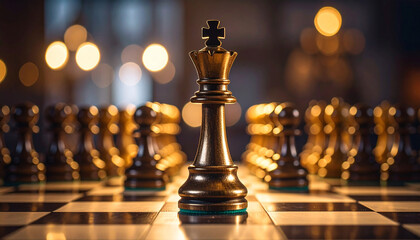 King chess piece on board. Business metaphor for authority, control and critical thinking.