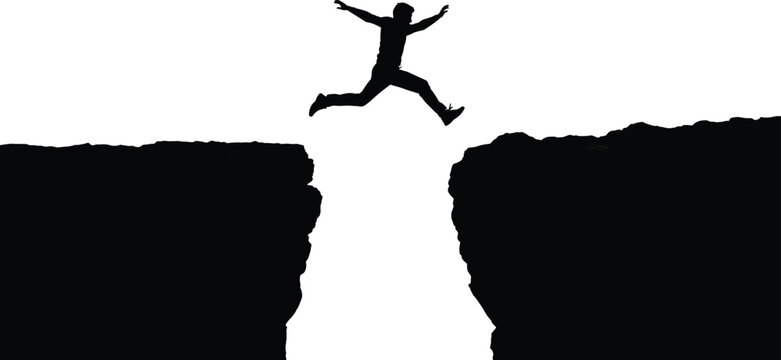 Silhouette of man jumping over cliff gap, success concept, risk taking, business challenge vector on white background illustration