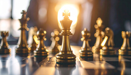 King chess piece on board. Business metaphor for authority, control and critical thinking.