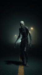 Naklejka premium Scary zombie monster walking on road in fog halloween horror night creepy undead creature