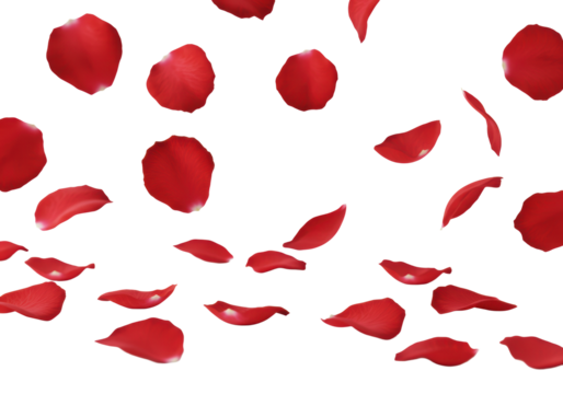 Multiple vibrant crimson red rose petals, individual and delicate, actively falling through the frame against a pristine transparent background with soft creamy bokeh, conveying a romantic and elegant