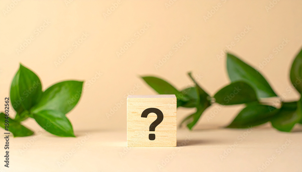 Poster wooden block with question mark, green plants on backdrop. faq and qa. problem solution.