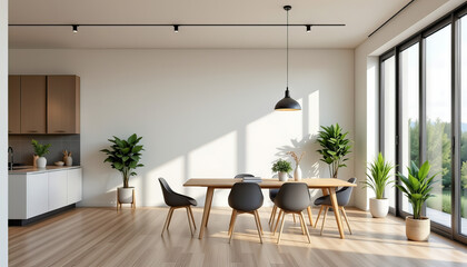 A modern dining space with a wooden table, stylish chairs, and indoor plants, ideal for gatherings and decor inspiration.