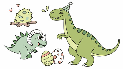 Adorable cartoon dinosaur birthday party vector illustration with happy green TRex in party hat Triceratops baby dino and colorful eggs for kids