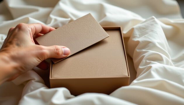 A person carefully lifts a lid from a chic, handmade beige gift box, inspiring curiosity and excitement.