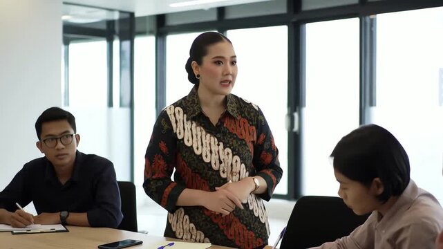 Professional Asian businesswoman wearing a batik shirt leading a corporate team meeting in a modern office