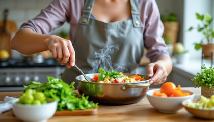 A person prepares a delicious meal in a cozy kitchen, showcasing fresh ingredients and vibrant colors.