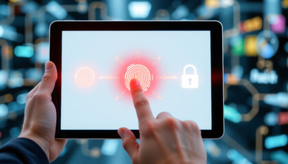 A person using a tablet with a fingerprint scan for secure access in a digital environment, symbolizing identity protection.