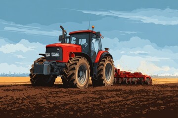Fototapeta premium Red tractor plowing a field under a blue sky with clouds, showcasing agricultural activity