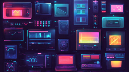 A 1990s-era PC user interface featuring a retro aesthetic, nostalgic icons, classic window layouts, and vintage design elements. Vector illustration.