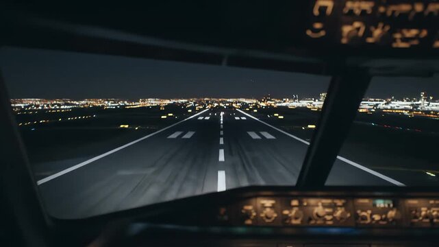 Night Landing Approach Viewed From Cockpit