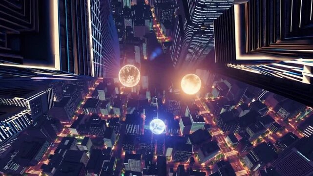 A Glowing Mini-Planet Flying Between Skyscrapers