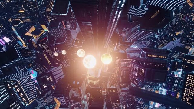 A Glowing Mini-Planet Floating Between Buildings