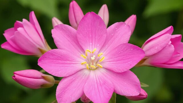 Pink Flower Blooming with Yellow Stamens and Buds Against Green Background