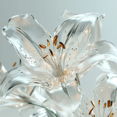 3D glass flower close-up, isolated, on a white background. Delicate palette, stylish print for women's clothing, decorative element, template for a romantic postcard.