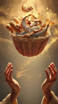 Jesus miraculously feeds fish and bread on a basket that feeds 5,000 people