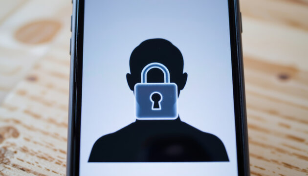 A smartphone displaying a silhouette of a person with a lock symbol, representing digital security and privacy.