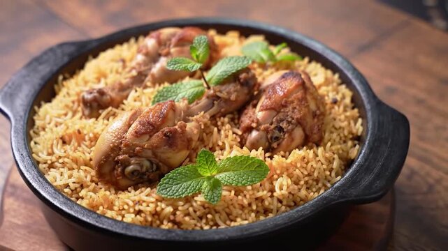 Aerial view of a vibrant dish of biryani with chicken legs, garnished with mint leaves, styled for a cooking video with rustic, warm tones.