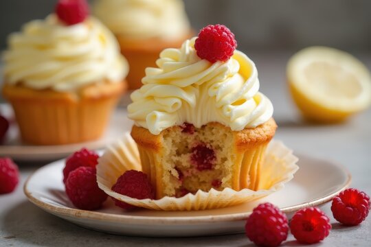 Raspberry muffins with lemon buttercream and bite taken
