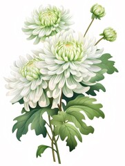 白い菊のクローズアップと緑の葉の白い背景で描画された水彩イラスト