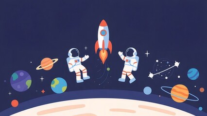 ドット絵の宇宙飛行士とロケットと惑星が浮かぶ深い青色の宇宙のイラスト