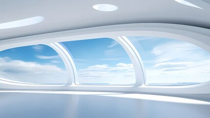 モダンな白い部屋のインテリアデザインと青い空の背景と未来的な窓のデザイン