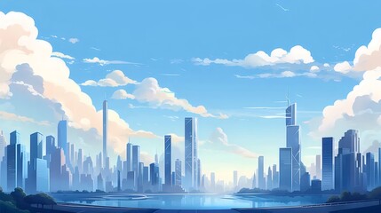 ピクセルアート都市景観 水面反射と青空の高層ビル群 パノラマの都市景観 壁紙デザイン