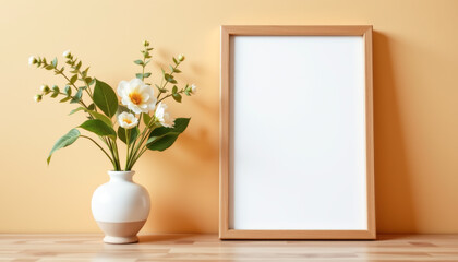 A stylish vase with fresh flowers beside a blank picture frame on a wooden table against a warm orange background.