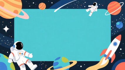 宇宙飛行士と惑星のピクセルアートフレームと背景デザイン ロケットと星雲の明るいイラスト