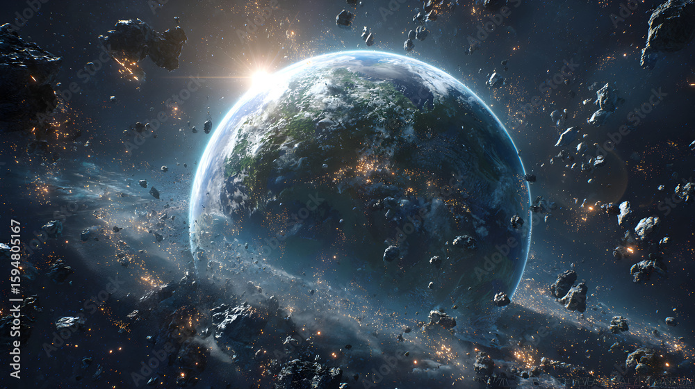 Wall mural a planet surrounded by asteroids and space debris with a bright light in the distance view