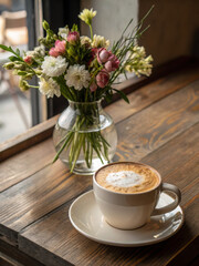 Warm cappuccino sits elegantly on wooden table beside vase of fresh flowers, creating cozy and inviting atmosphere perfect for relaxation