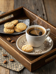Aesthetic tray featuring steaming cup of coffee alongside almond cookies, creating cozy and inviting atmosphere perfect for relaxation and enjoyment