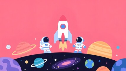 ピンクの背景にピクセルアートスタイルの宇宙飛行士とロケットと惑星のイラスト