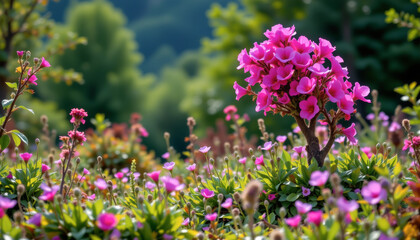 Obraz premium A vibrant field of blooming pink flowers in a lush green landscape, symbolizing beauty and tranquility in nature.