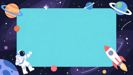 カラフルな宇宙フレーム 宇宙飛行士 ロケットと惑星のある楽しいデザイン