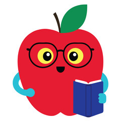 A charming cartoon illustration of a cheerful apple wearing glasses and holding a blue book embodying a nerdy and studious personality