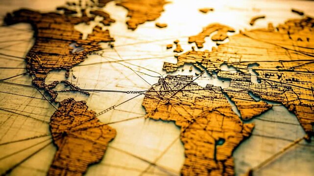 A stunning vintage world map unfolds with its ornate illustrations and textures, inviting viewers into the history of exploration and geography bathed in warm golden light.