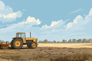 Obraz premium Yellow tractor plowing a vast field under a clear blue sky with distant trees