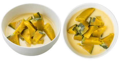 Thai Dessert Pumpkin in Sweet Coconut Milk (Fak Thong Gang Buad) in White Bowl Transparent Background