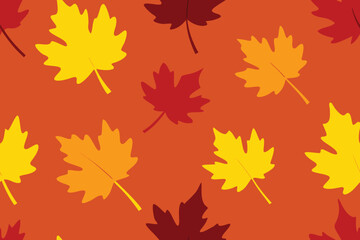 Autumnal Pattern Featuring Colorful Leaves on Orange Backdrop for Seasonal Designs