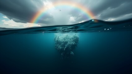 Fototapeta premium Underwater Reef and Rainbow Sky Split View