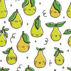 Seamless pattern with kawaii-style pears featuring smiling faces, leaves, and playful details. Hand-drawn cartoon fruit characters with a cheerful and fun look.