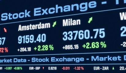 Obraz premium Amsterdam, Milan stock index moving up. Stock exchange, trading board, market data, business, investment, currency information.