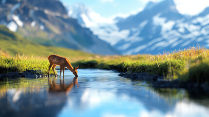 Serene landscape featuring deer drinking from clear stream, surrounded by lush greenery and majestic mountains