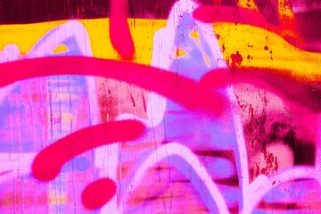 Vibrant neon graffiti in pink, yellow, purple showcasing 90s Y2K style, bold strokes, edgy street art. Urban backdrops, digital art, creative banner, modern 2000s visuals.